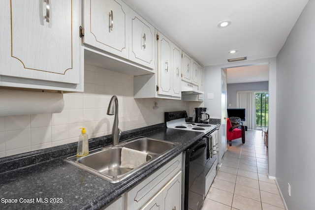 kitchen featuring white range with electric stovetop, light tile floors, black dishwasher, backsplash, and sink