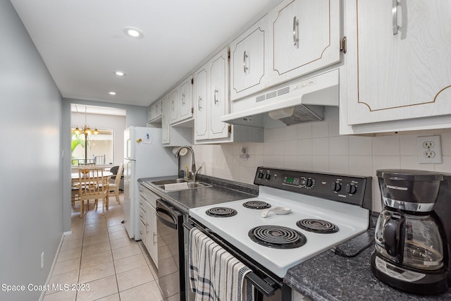 kitchen featuring white stove, white cabinetry, backsplash, a chandelier, and dishwasher