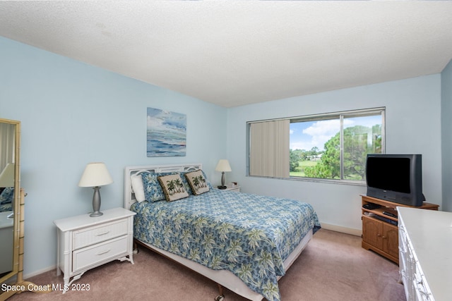 bedroom with a textured ceiling and light colored carpet