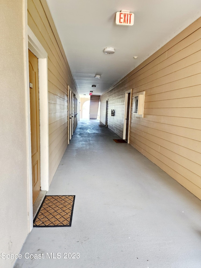 hall with wooden walls