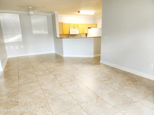 unfurnished living room featuring light tile floors, ceiling fan, and ornamental molding