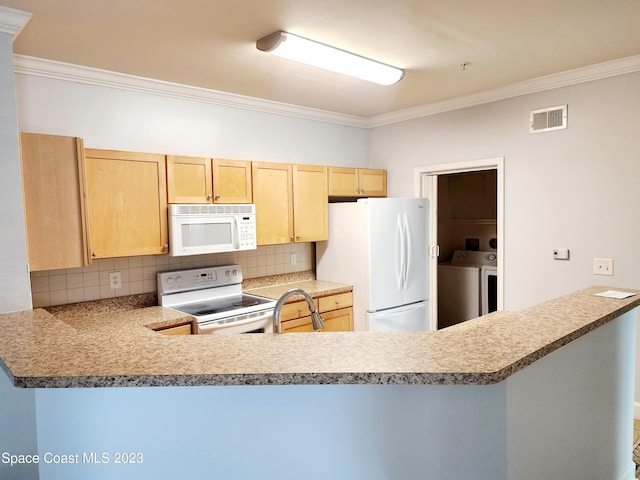 kitchen featuring kitchen peninsula, backsplash, white appliances, light brown cabinetry, and crown molding