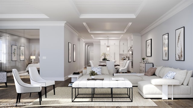 living room featuring a tray ceiling, hardwood / wood-style flooring, and crown molding