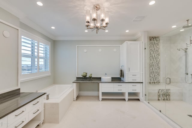 bathroom with shower with separate bathtub, a notable chandelier, vanity, and tile flooring