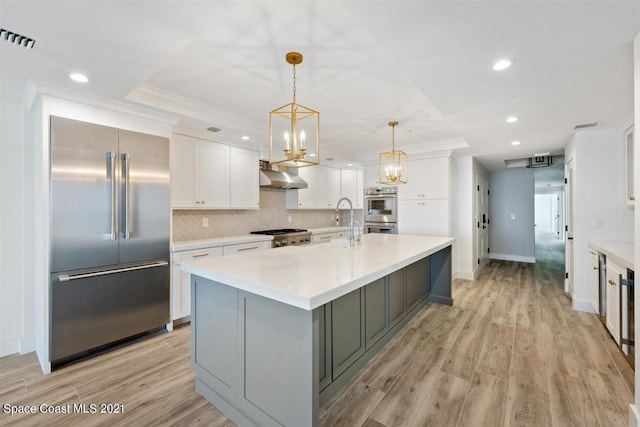 kitchen featuring white cabinetry, backsplash, light wood-type flooring, stainless steel appliances, and wall chimney exhaust hood