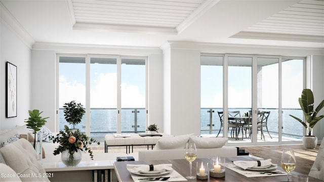 living room with a raised ceiling, a water view, and ornamental molding