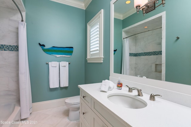 full bathroom featuring toilet, shower / tub combo, ornamental molding, tile floors, and oversized vanity