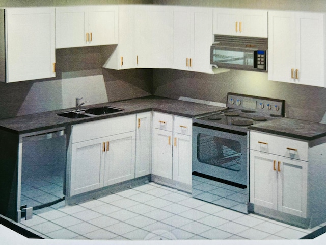 kitchen featuring electric stove, sink, dishwasher, light tile flooring, and white cabinetry