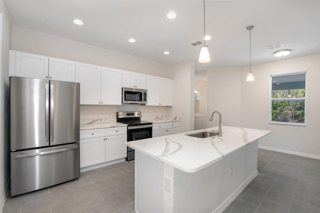 kitchen featuring white cabinetry, appliances with stainless steel finishes, an island with sink, pendant lighting, and sink