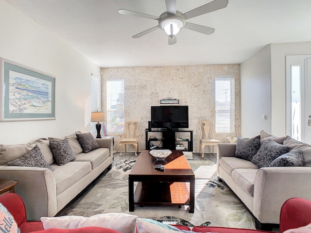 living room featuring ceiling fan