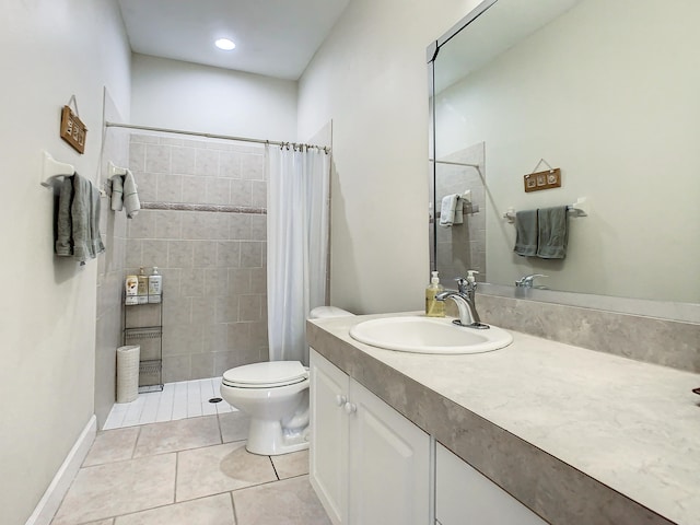 bathroom with vanity, toilet, tile patterned floors, and a shower with curtain