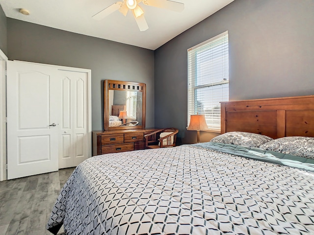 bedroom with a closet, ceiling fan, and hardwood / wood-style flooring