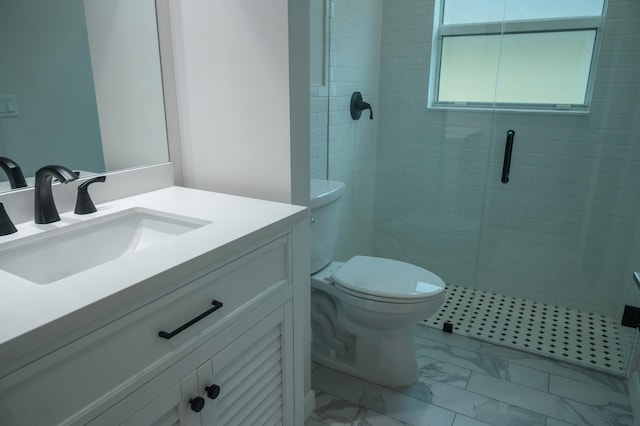 bathroom with toilet, tile flooring, an enclosed shower, and vanity