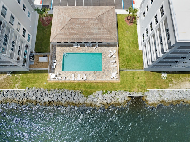 aerial view featuring a water view