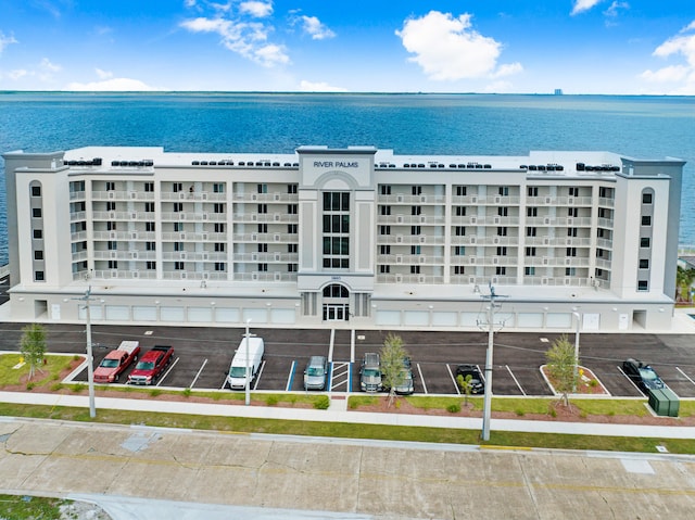 view of building exterior featuring a water view