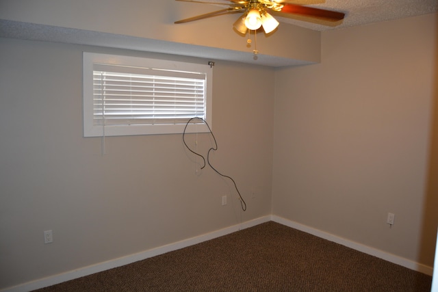 unfurnished room featuring carpet floors, a textured ceiling, and ceiling fan