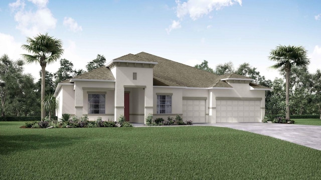 view of front of home with a front yard and a garage