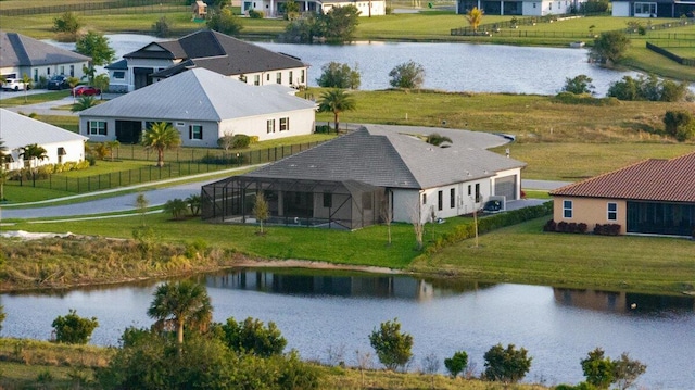 drone / aerial view with a water view