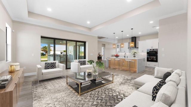 living room featuring sink, crown molding, a raised ceiling, and hardwood / wood-style flooring