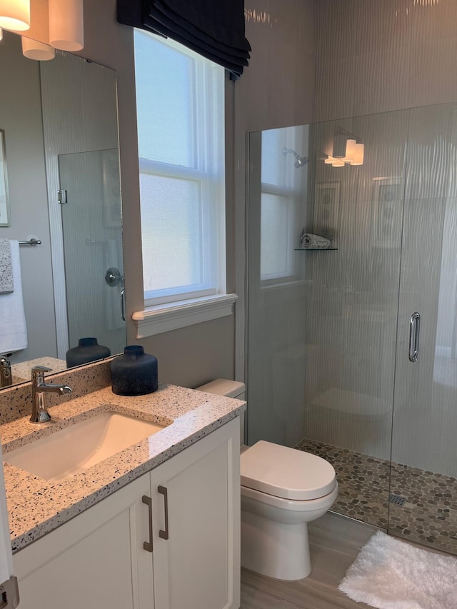 bathroom with vanity, an enclosed shower, toilet, and wood-type flooring