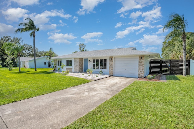 ranch-style house with a garage and a front yard