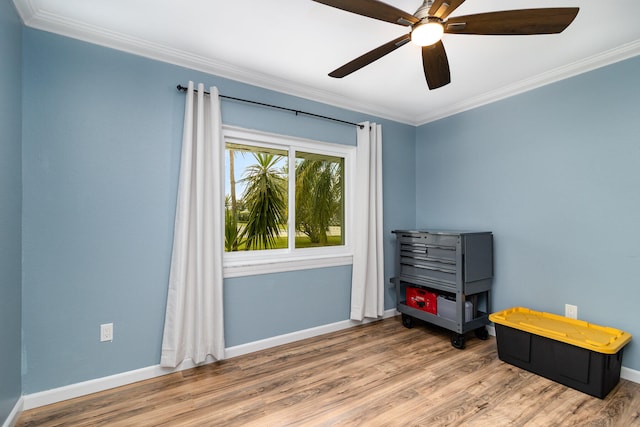 interior space featuring light hardwood / wood-style flooring, ceiling fan, and ornamental molding