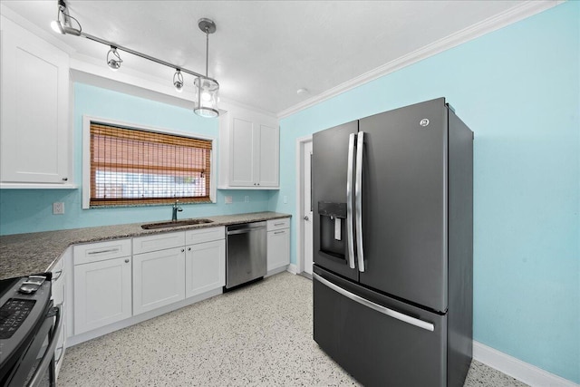 kitchen with sink, stainless steel appliances, white cabinets, dark stone counters, and rail lighting