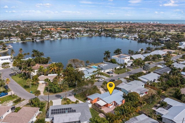 aerial view featuring a water view