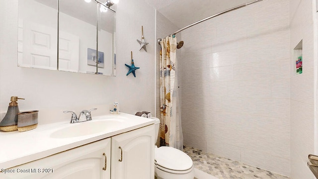 bathroom with vanity, toilet, and curtained shower