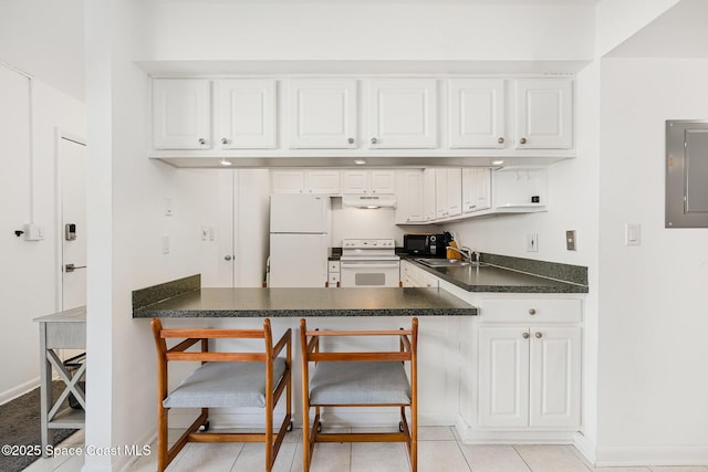 180 Flagler Ln Unit 22, Cocoa Beach, FL 32931 - kitchen featuring white appliances, a sink, under cabinet range hood, a peninsula, and electric panel