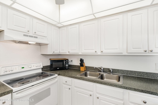 180 Flagler Ln Unit 22, Cocoa Beach, FL 32931 - kitchen with white range with electric stovetop, black microwave, under cabinet range hood, a sink, and white cabinetry