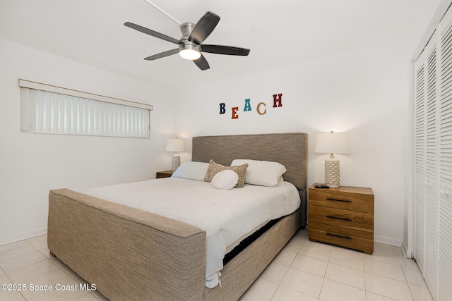 180 Flagler Ln Unit 22, Cocoa Beach, FL 32931 - bedroom featuring a closet, light tile patterned flooring, baseboards, and ceiling fan