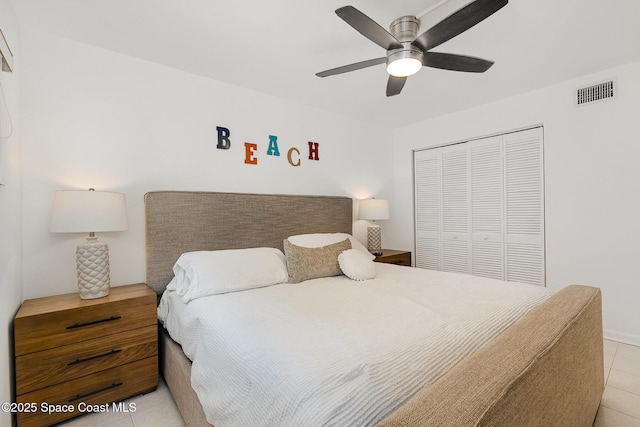 180 Flagler Ln Unit 22, Cocoa Beach, FL 32931 - bedroom with light tile patterned floors, a closet, and ceiling fan