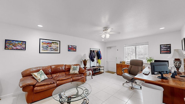 tiled office space with ceiling fan