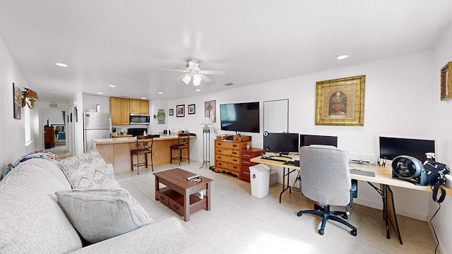 tiled office with ceiling fan