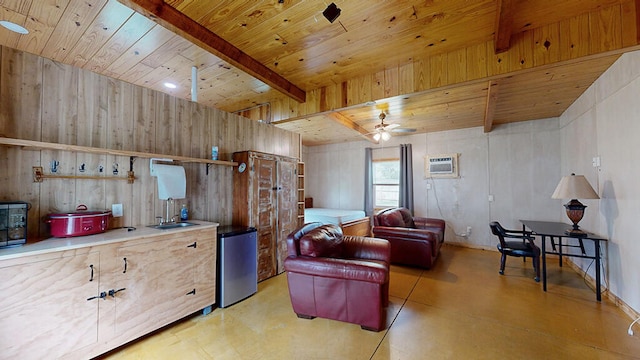 kitchen featuring ceiling fan, fridge, beamed ceiling, wood ceiling, and sink