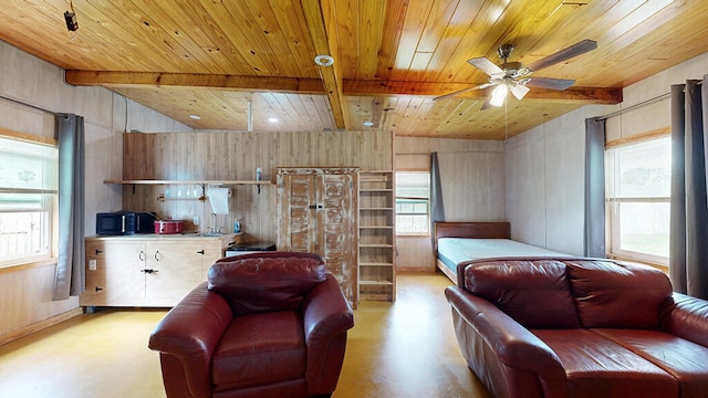 bedroom featuring lofted ceiling with beams and wood ceiling