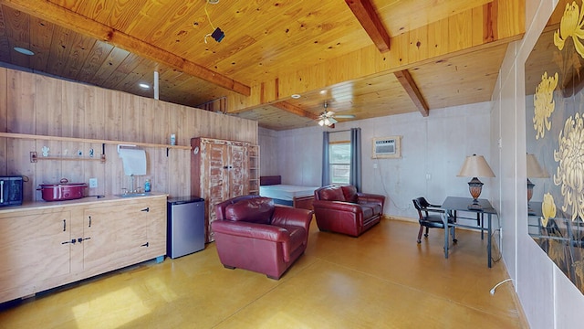 living room with beamed ceiling, an AC wall unit, ceiling fan, and wood ceiling