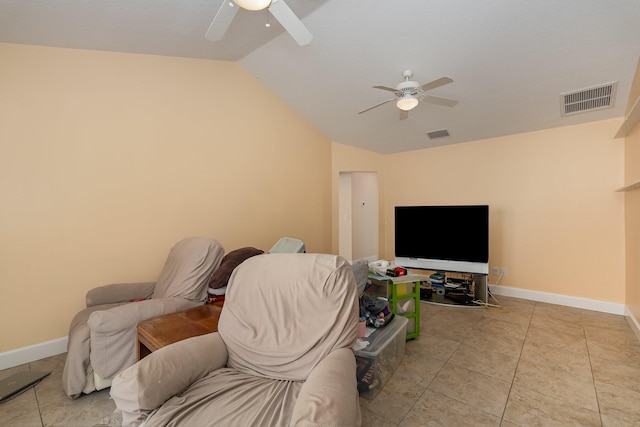 tiled living room with lofted ceiling and ceiling fan