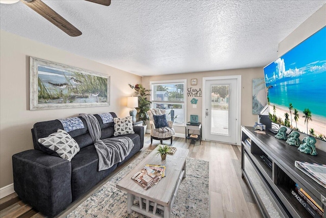 living room with ceiling fan, wood-type flooring, and a textured ceiling