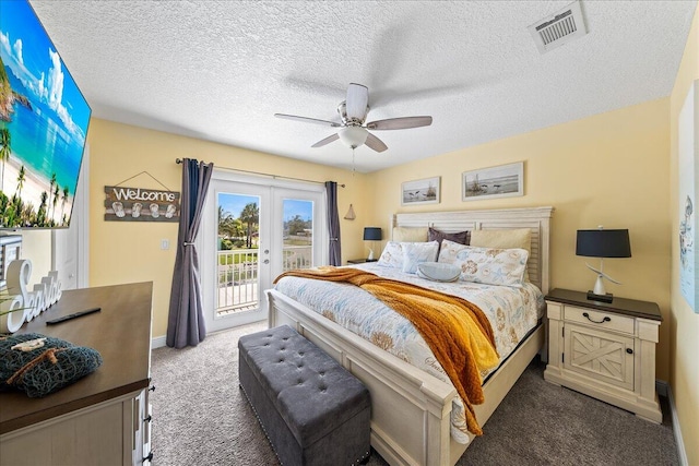 bedroom with access to exterior, french doors, a textured ceiling, ceiling fan, and carpet floors