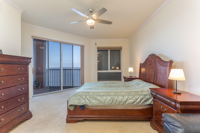 bedroom featuring crown molding, light colored carpet, ceiling fan, and access to outside