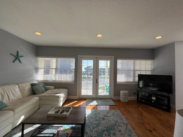 living room with french doors and dark hardwood / wood-style flooring