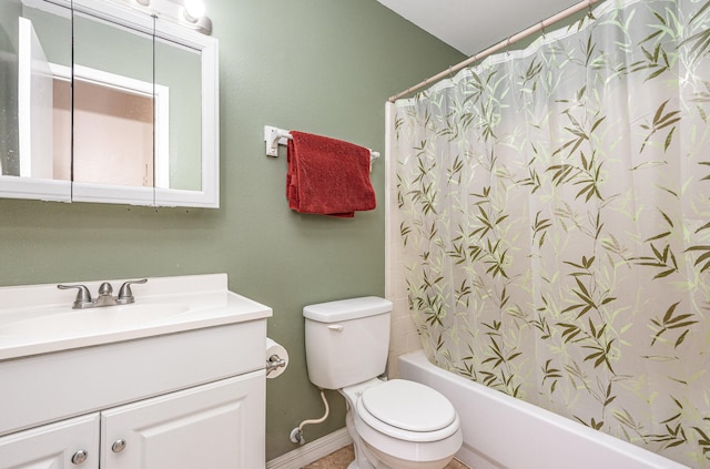 full bathroom featuring vanity with extensive cabinet space, toilet, and shower / bathtub combination with curtain