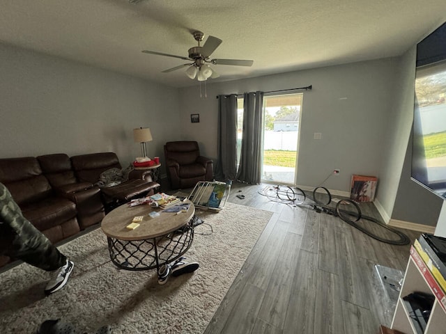 living room featuring light hardwood / wood-style floors, ceiling fan, and a textured ceiling