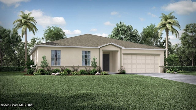 ranch-style home featuring a front yard and a garage