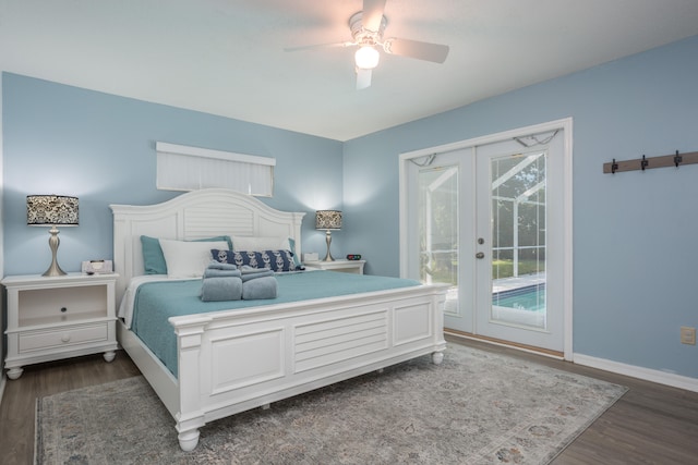 bedroom featuring dark hardwood / wood-style flooring, access to outside, ceiling fan, and french doors