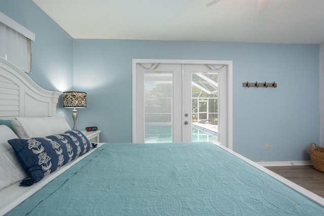 bedroom with french doors, ceiling fan, access to exterior, and hardwood / wood-style floors