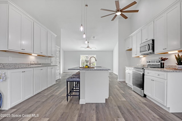 kitchen featuring stainless steel appliances, light wood finished floors, and white cabinetry