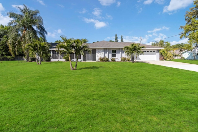 single story home with a front lawn and a garage